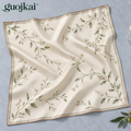 guojkai™ Ivory Reverie Silk Square Scarf — 100% Silk Twill Botanical Print Neck & Hair Scarf, 27.5" x 27.5"