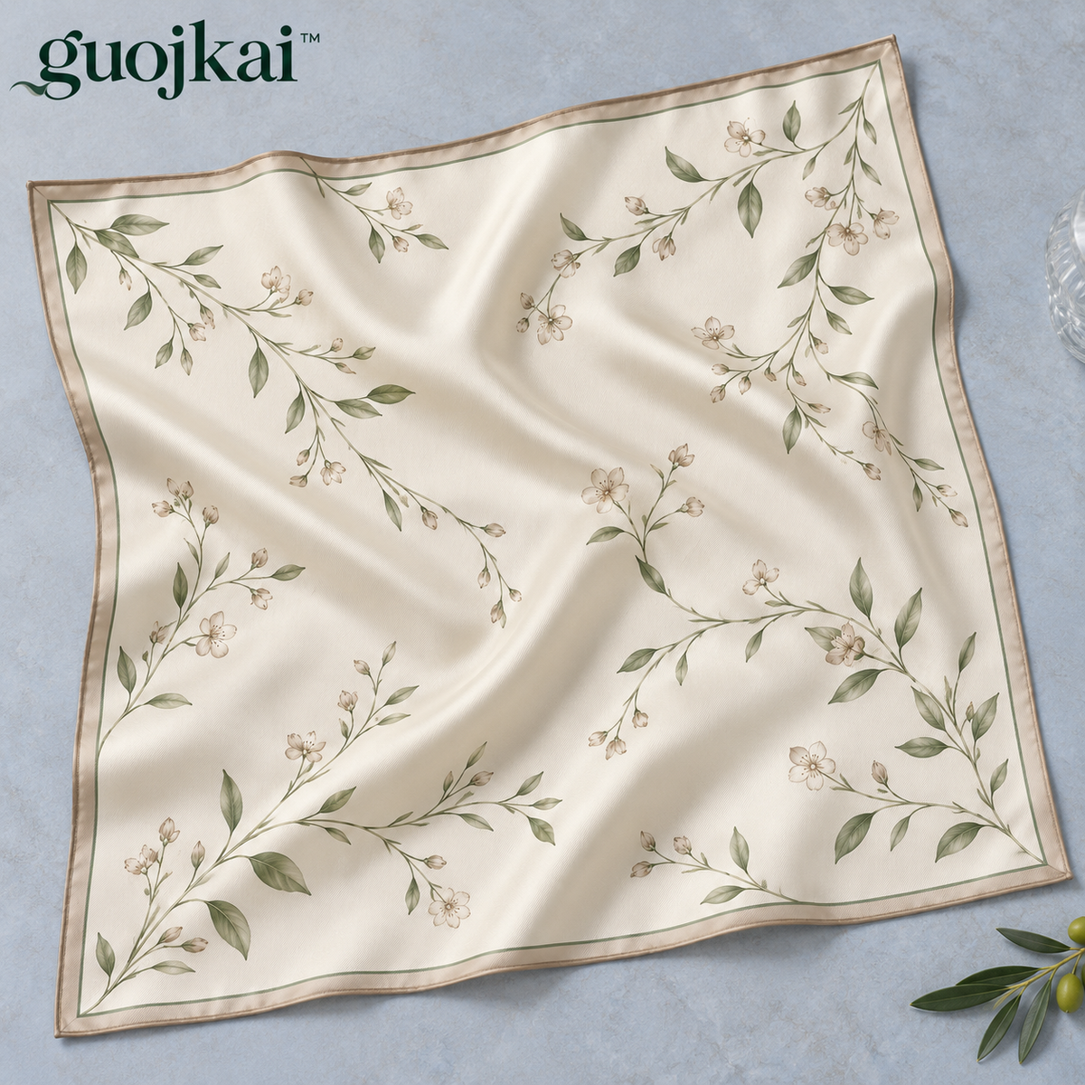 guojkai™ Ivory Reverie Silk Square Scarf — 100% Silk Twill Botanical Print Neck & Hair Scarf, 27.5" x 27.5"