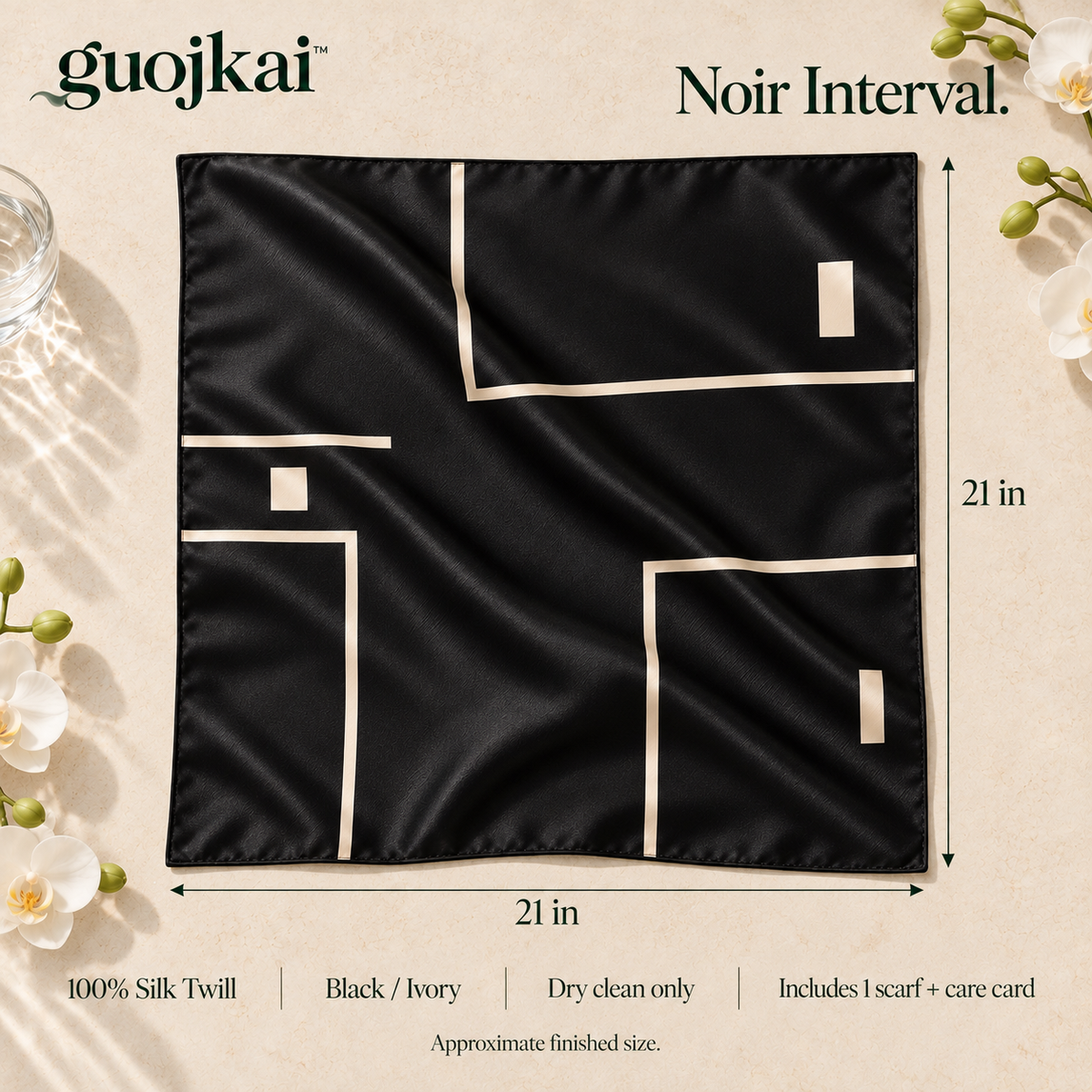 guojkai™ Noir Interval Small Silk Square Scarf — Black & Ivory Graphic Silk Twill Neck Scarf, 21" x 21"